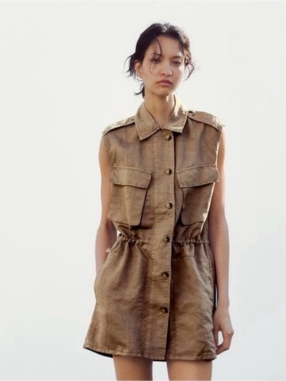 Zara Sleeveless Utility Shirt Dress Jacket in Distressed Tan